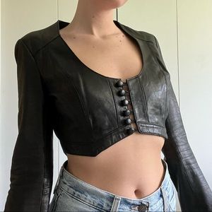 Arden B 100% Lamb Leather Button Up Long Sleeve Black Crop Top